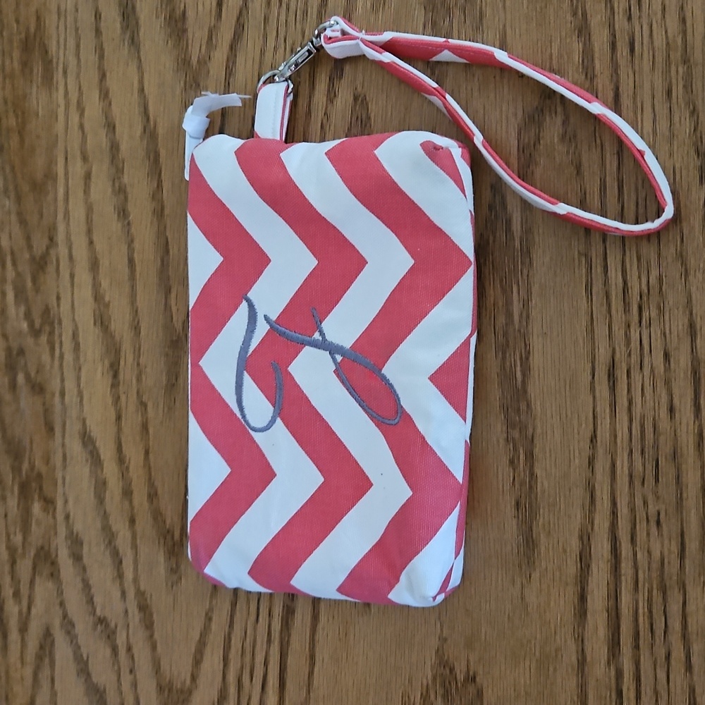 Monogram "J" Canvas Chevron Wristlet Coral Pink White Zig Zag Boho